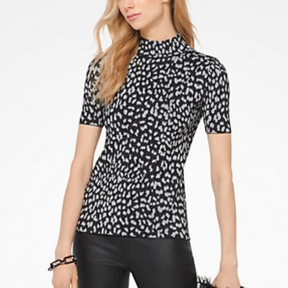 2/$18 Michael Kors Metallic Leopard Mock Neck Stretchy Top Shirt Animal Print S